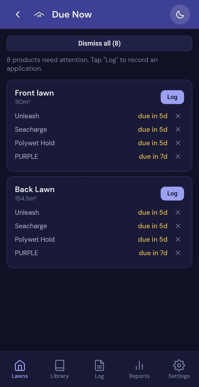 The Due Now screen listing eight products due across a front and back lawn